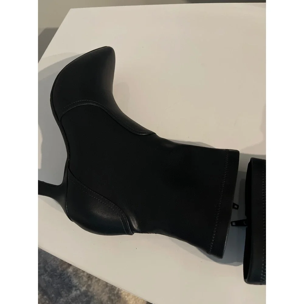Black Pointed Toe Kitten Heel Ankle Boots Faux Leather Sock Booties Zip Up